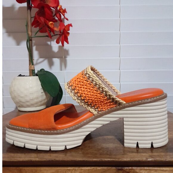 SOLD🟠🟠🟠🟠🟠🟠Softwaves Becka Orange Cream Platform Chunky Heel Sandals 8 - Picture 11 of 11